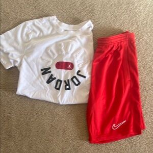 Jordan White T-Shirt and Red Nike Shorts Set - Boys L